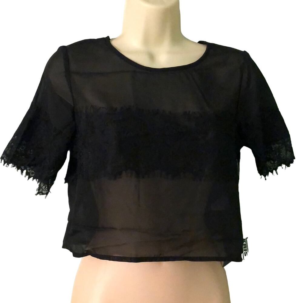 Ali & Kris Black Crop Top Sheer Chiffon Lace Blouse Cropped Short Sleeve